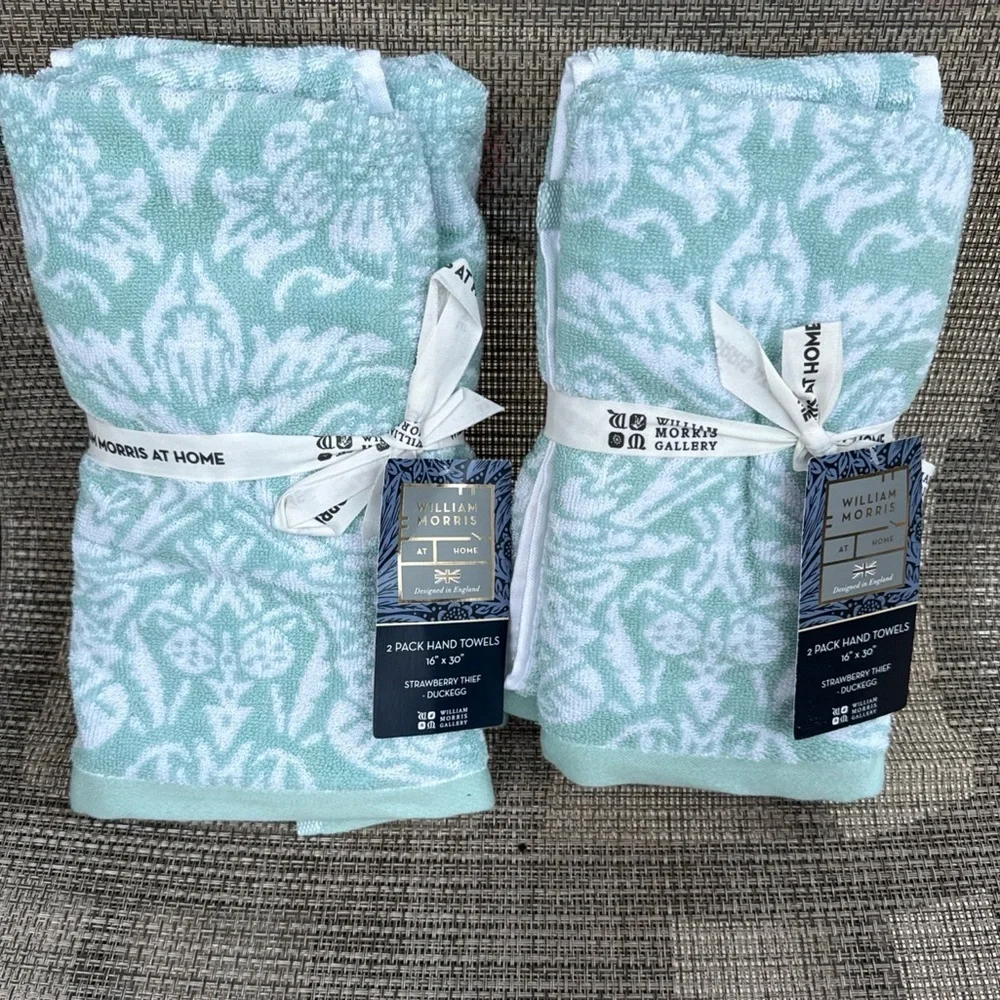 William Morris STRAWBERRY THIEF Duckegg Teal Floral Cotton Hand Towel Set 4pc
